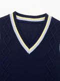 SW005 Cotton Rich Kids V-Neck Argyle Sweater Vest, Boys and Girls Knitwear, Navy Blue, Size 120