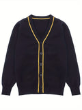 SW012 100% Cotton Kids V-Neck Long sleeve Button Cardigan, Boys and Girls School Uniform Knitwear, Black, Size 110