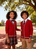 SW016-R 100% Cotton Kids V-Neck Long sleeve Button Cardigan, Boys and Girls School Uniform Knitwear, R, Size 110