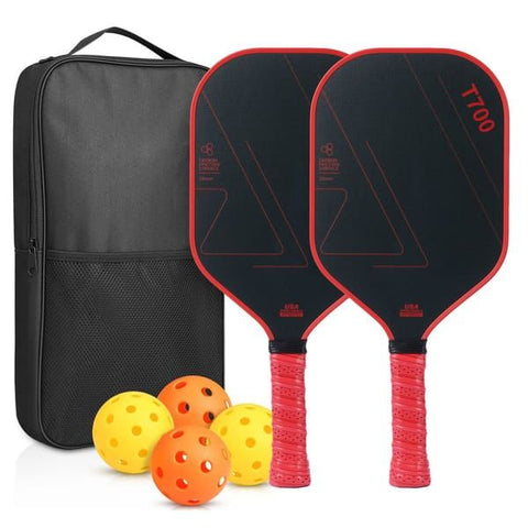 Red‑Black T700 Carbon Fiber Pickleball Paddle Set, 16mm Textured Matte Surface, Complete Kit with Oxford Carry Bag & Pickleball Balls