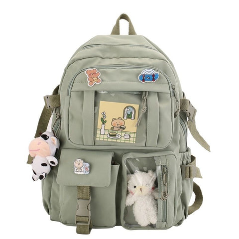 K‑Style Kids Backpack with Cute Accessories, 43×31cm Large Capacity School Backpack, Green Casual Daypack for Children & Teenagers