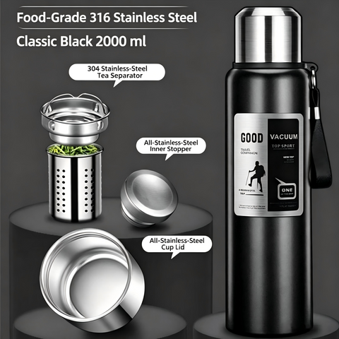 2000 ml Outdoor 316 Stainless Steel Vacuum Flask, Large‑Capacity Travel Insulated Water Bottle with Tea Infuser, All‑Steel Thermos for Hiking & Camping, Black In Australia - Darrahopens