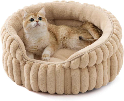 Cat Bed, Washable Round Cute Pet Beds for Indoor Cats, Super Soft Corduroy Kitten Bed with Anti-Slip Bottom, 20''x20''x8'', Sandy Beige