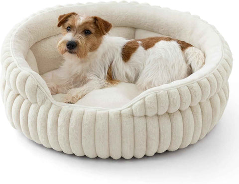 Medium Dog Bed, Washable Cute Pet Bed, Super Soft Corduroy Round Cat Bed with Anti-Slip Bottom, 26''x26''x9'', Cream