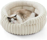 Cat Bed, Washable Round Cute Cat Beds for Indoor Cats, Super Soft Corduroy Pet Bed for Puppy and Kitten with Anti-Slip Bottom, 23''x23''x8.5'', Cream