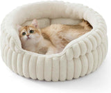 Cat Bed, Washable Round Cute Pet Beds for Indoor Cats, Super Soft Corduroy Kitten Bed with Anti-Slip Bottom, 20''x20''x8'', Cream