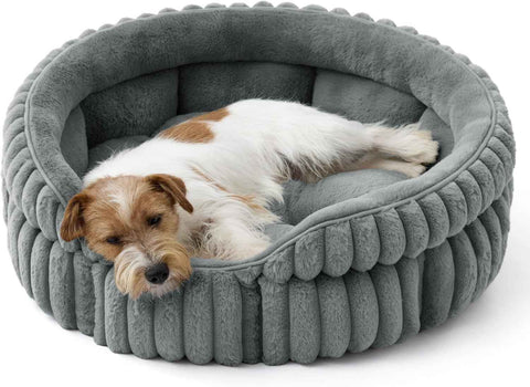Medium Dog Bed, Washable Cute Pet Bed, Super Soft Corduroy Round Cat Bed with Anti-Slip Bottom, 26''x26''x9'', Warm Gray