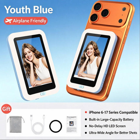 Blue New Phone Selfie Screen Mirroring Display with Built-in Fill Light, Touch Screen Selfie Monitor for Mobile Phone