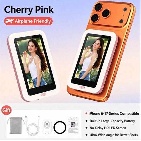 Pink New Phone Selfie Screen Mirroring Display with Built-in Fill Light, Touch Screen Selfie Monitor for Mobile Phone