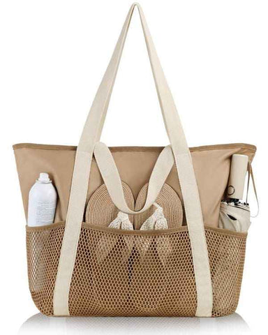 Waterproof Beach Bag for Women with Zipper Sand-Resistant Design Shoulder Strap, Perfect for Beach and Travel, Brown