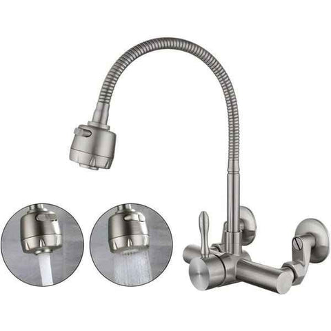Wall Mounted Kitchen Tap, Food-Grade 304 Stainless Steel Flexible Gooseneck Faucet with 2 Spray Modes, 360° Swivel Kitchen Sink Tap, Mount Hole Distance 12-18cm for Laundry & Kitchen Sink