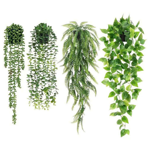 4 Pack Realistic Artificial Trailing Hanging Plants – Silver Dollar Eucalyptus, String of Pearls Succulent, Lush Boston Fern & Heart Leaf Pothos, Wall Mount Faux Greenery for Australian Coastal & Boho Home Styling In Australia - Darrahopens