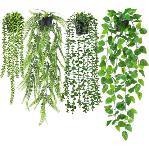 Set of 4 Artificial Hanging Trailing Plants, Fake Eucalyptus, String of Pearls, Boston Fern & Heart Leaf Pothos Vines, Low Maintenance Faux Potted Greenery for Indoor Balcony Wall Home Decor In Australia - Darrahopens