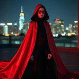 Reversible Hooded Long Cape, Black & Red Double‑Sided Unisex Cloak, Halloween Cosplay Costume for Vampire Reaper Witch Pirate