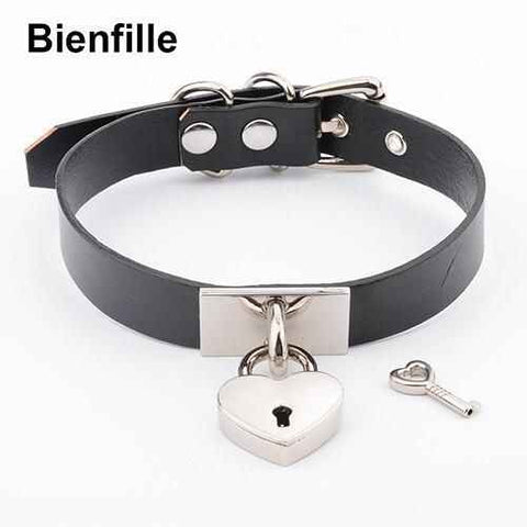 House Of Dasein Leather Collar Locket Love Heart Harajuku Bdsm Sub Slave Punk Choker - Black With Silver