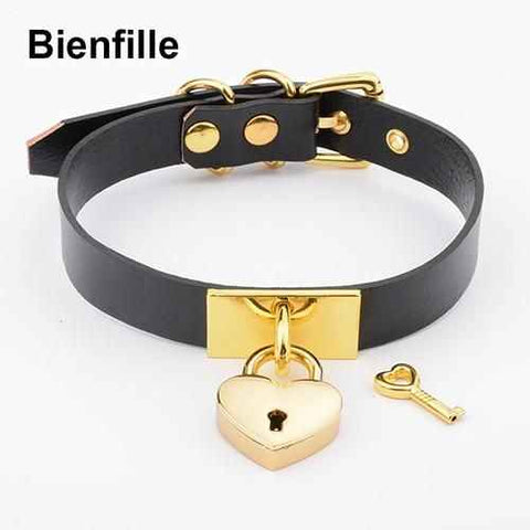 House Of Dasein Leather Collar Locket Love Heart Harajuku Bdsm Sub Slave Punk Choker - Black With Gold