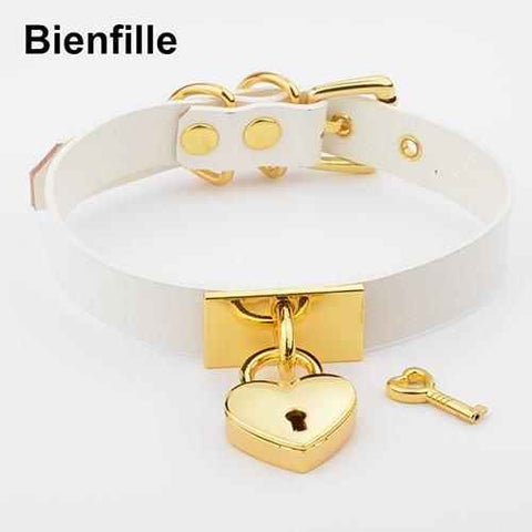 House Of Dasein Leather Collar Locket Love Heart Harajuku Bdsm Sub Slave Punk Choker - White With Gold