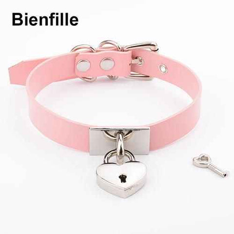 House Of Dasein Leather Collar Locket Love Heart Harajuku Bdsm Sub Slave Punk Choker - Pink With Silver
