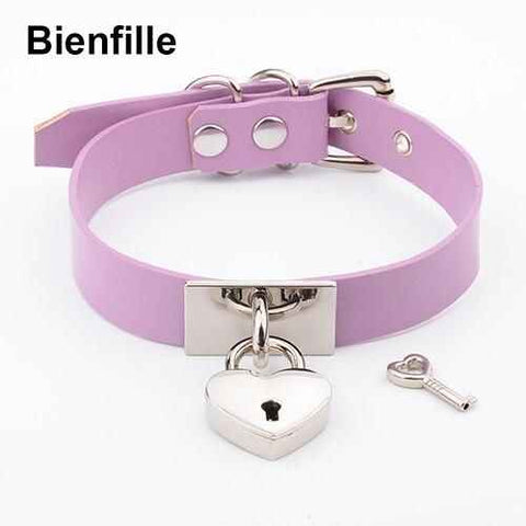 House Of Dasein Leather Collar Locket Love Heart Harajuku Bdsm Sub Slave Punk Choker - Purple With Silver