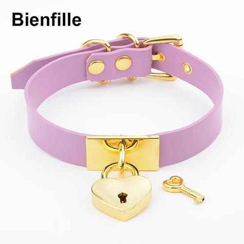 House Of Dasein Leather Collar Locket Love Heart Harajuku Bdsm Sub Slave Punk Choker - Purple With Gold