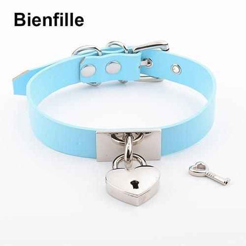House Of Dasein Leather Collar Locket Love Heart Harajuku Bdsm Sub Slave Punk Choker - Blue With Silver