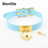 House Of Dasein Leather Collar Locket Love Heart Harajuku Bdsm Sub Slave Punk Choker - Blue With Gold