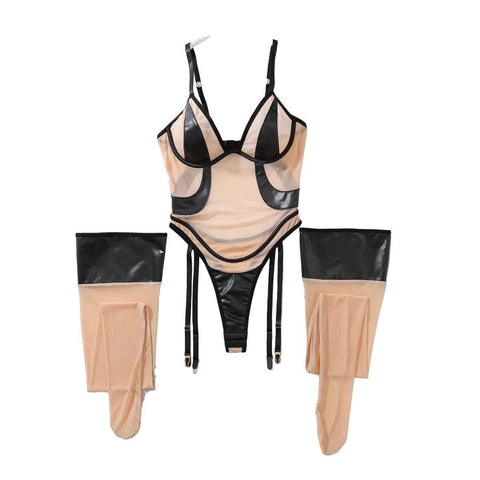 Mesh Pu Leather Patchwork Jumpsuit Leg Socks Ultra Thin Non Removable Lingerie Set - Black Skin Color - M