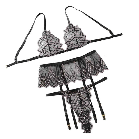 House Of Dasein Mesh Perspective Slimming Bra Set Sexy Underwear 3 Piece - Black - L