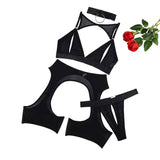 Solid Color Splicing Mesh Underwear Perspective Hollow Out Fun Four Piece Set - Black - M