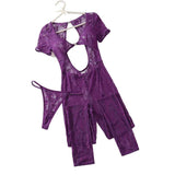 House Of Dasein Purple Sexy Lace Suit With Hollowed Out Exposed Navel And See Through Tight Fitting Jumpsuit Underwear - S