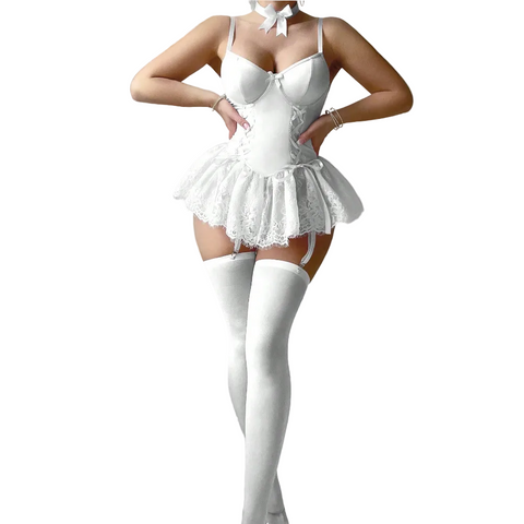 House Of Dasein Retro Pure Temptation Sexy Deep V Neck Lace Trim One Piece Dress Lingerie - White - Xxl