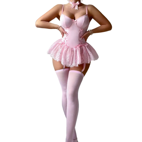 House Of Dasein Retro Pure Temptation Sexy Deep V Neck Lace Trim One Piece Dress Lingerie - Pink - M