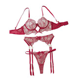 Perspective Embroidered Sexy Bra Set With Lace Underwear And Three Piece - Wine Red - M