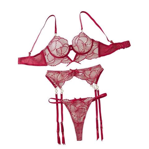 Perspective Embroidered Sexy Bra Set With Lace Underwear And Three Piece - Wine Red - M