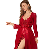 Sexy Mesh Transparent Long Sleeve Nightgown Erotic Set For Women - Wine Red - M