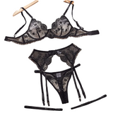Sexy Bra Set Embroidered Mesh Splicing Underwear Garter Belt Four Piece - Black - S