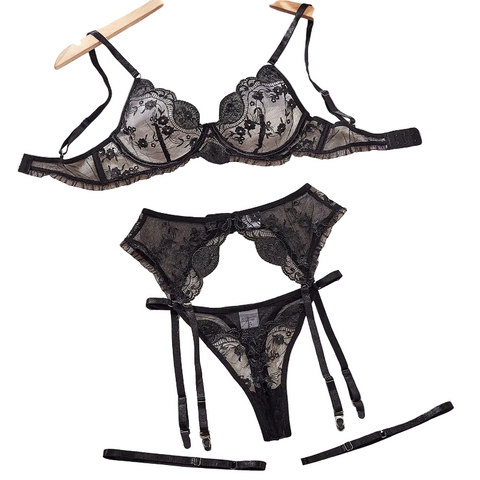Sexy Bra Set Embroidered Mesh Splicing Underwear Garter Belt Four Piece - Black - S
