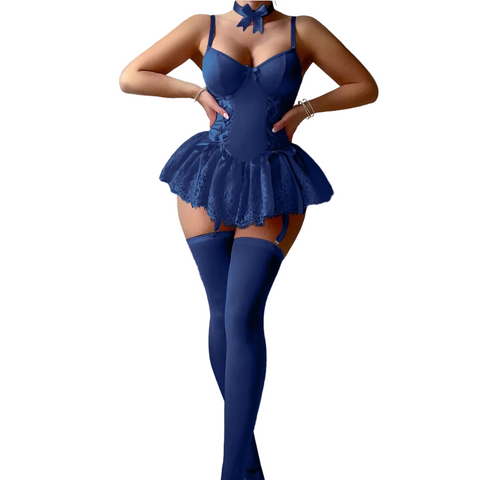 House Of Dasein Retro Pure Temptation Sexy Deep V Neck Lace Trim One Piece Dress Lingerie - Royal Blue - Xl