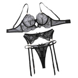 Perspective Embroidered Sexy Bra Set With Lace Underwear And Three Piece - Black - S
