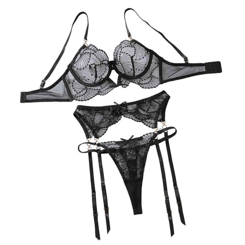 Perspective Embroidered Sexy Bra Set With Lace Underwear And Three Piece - Black - S