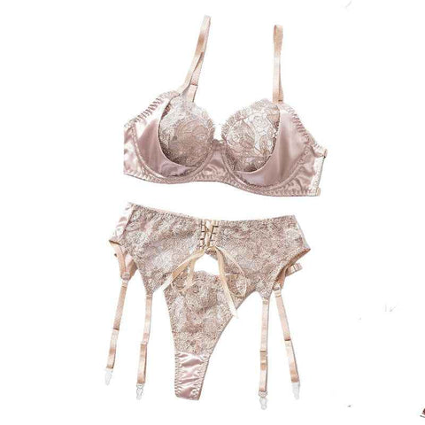 House Of Dasein Sexy Lingerie Set With Ribbon Splicing And Flower Embroidery Suspender Bra Suit - Apricot - M