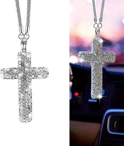 Car Hanging Ornament, Bling Cross Faith Pendant, Rhinestones-Embedded Rust-Proof Hip Hop Rearview Mirror Decoration Charm, Universal Personality Interior Accessory for Most Cars (Silver)