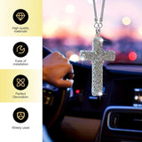 Car Hanging Ornament, Bling Cross Faith Pendant, Rhinestones-Embedded Rust-Proof Hip Hop Rearview Mirror Decoration Charm, Universal Personality Interior Accessory for Most Cars (Silver)