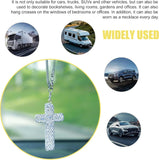 Car Hanging Ornament, Bling Cross Faith Pendant, Rhinestones-Embedded Rust-Proof Hip Hop Rearview Mirror Decoration Charm, Universal Personality Interior Accessory for Most Cars (Silver)