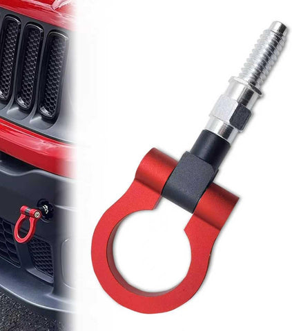 Car Front Bumper Tow Hook, Screw-on European Threaded Racing Style D-ring, Alloy Anti-rust Trailer Recovery Towing Hook, Modification Accessory for Most Car Truck SUV (Red)