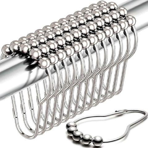 Shower Curtain Hooks Rust Proof (Set of 12) - Stainless Steel Shower Curtain Rings - Anti Slip Roller Balls for Easy Glide (Secure Lock Hooks, Polished Nickel)