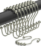 Shower Curtain Hooks Rust Proof (Set of 12) - Stainless Steel Shower Curtain Rings - Anti Slip Roller Balls for Easy Glide (Omega Double Hooks, Polished Nickel)