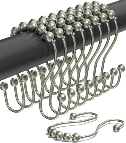 Shower Curtain Hooks Rust Proof (Set of 12) - Stainless Steel Shower Curtain Rings - Anti Slip Roller Balls for Easy Glide (Omega Double Hooks, Polished Nickel)