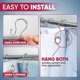 Shower Curtain Hooks Rust Proof (Set of 12) - Stainless Steel Shower Curtain Rings - Anti Slip Roller Balls for Easy Glide (Omega Double Hooks, Polished Nickel)