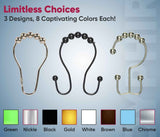 Shower Curtain Hooks Rust Proof (Set of 12) - Stainless Steel Shower Curtain Rings - Anti Slip Roller Balls for Easy Glide (Omega Double Hooks, Polished Nickel)
